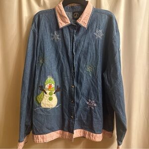 Charming Snowman Embroidered Denim Shirt